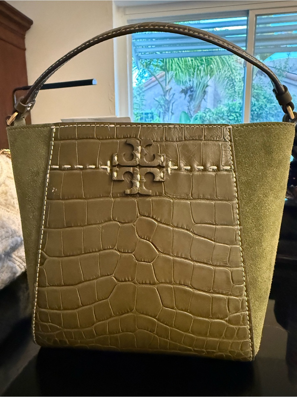 Tory Burch Olive Green Croc-Embossed Suede Shoulder Bag